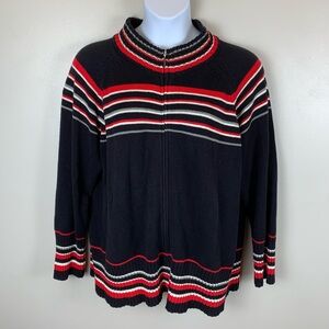Liz Claiborne‎ Woman Striped Cardigan Size 3x Red Black Moc Neck Full Zip Cotton